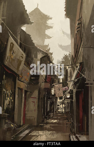 Vicolo di Chinatown con i tradizionali edifici cinesi, illustrazione pittura Foto Stock
