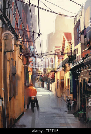 La pittura di stretto vicoletto nella città vecchia Foto Stock