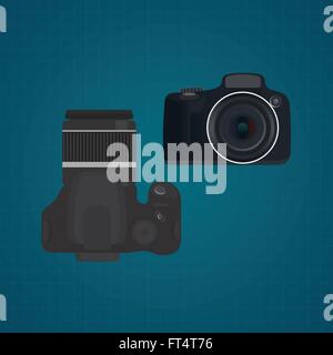 Fotocamera reflex digitale SLR illustrazione vettoriale da vista anteriore e superiore Illustrazione Vettoriale