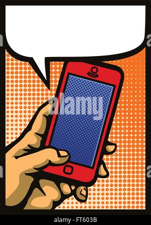 La Pop art style mano azienda smartphone, fumetto telefono cellulare illustrazione vettoriale Illustrazione Vettoriale