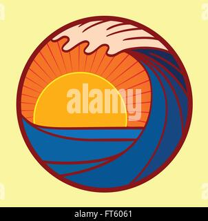 Vector seascape illustrazione, estate mare con grande onda e Sun andare giù al tramonto logo in un cerchio Illustrazione Vettoriale