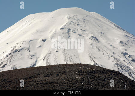 Imponente Ngauruhoe stratovulcano è il più giovane dei vulcani attivi nel Parco Nazionale di Tongariro in Nuova Zelanda. Foto Stock