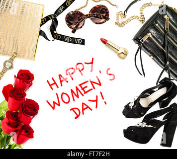 Moda mock up con business lady accessori e rose rosse. Il concetto di shopping. Felice Womens giorno! Foto Stock