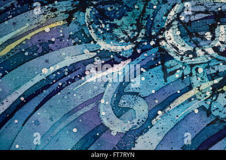 Onde, ricci, turchese, hot batik, texture di sfondo, fatta a mano su seta, astratta e surrealismo arte Foto Stock