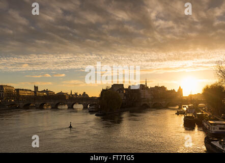 Inverno sunrise sull'Ile de la Cite, Pont Neuf e il Fiume Senna nel 1 ° arrondissement di Parigi, Francia Foto Stock