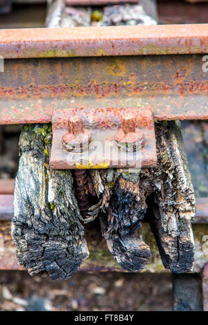 Vecchia ferrovia via, su una traversa di legno, traversina ferroviaria, decaduto, Foto Stock