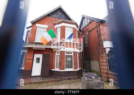 Parte occidentale di Belfast, Irlanda. 25 marzo, 2016. Il repubblicano irlandese Partito Socialista office di Falls Road a Belfast preparativi per commemorare il centenario della Pasqua che aumenta Credito: Bonzo Alamy/Live News Foto Stock