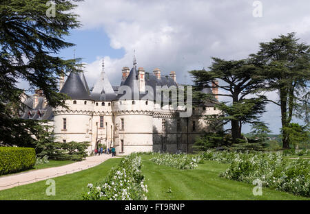 Vista sul giardino del percorso e ingresso del turrito castello di Chaumont-sur-Loire Foto Stock