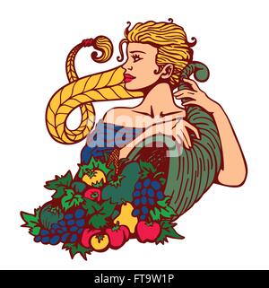 La ragazza con i capelli biondi in treccia holding cornucopia corno dell'abbondanza di frutta e verdura di stagione autunno raccolto e fertili Illustrazione Vettoriale