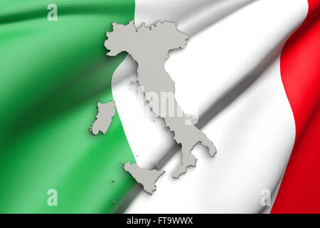 3D rendering della mappa dell'Italia e bandiera su sfondo. Foto Stock