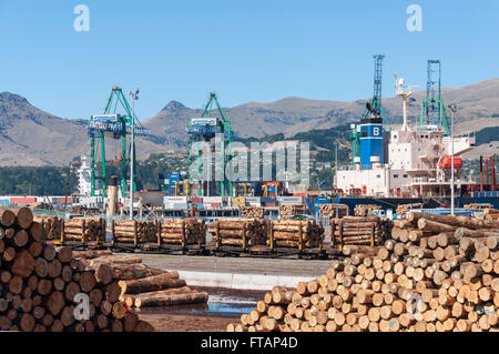 Pile di tronchi pronti per il caricamento di container Port, Lyttelton Harbour, Lyttelton, Penisola di Banks, Canterbury, Nuova Zelanda Foto Stock