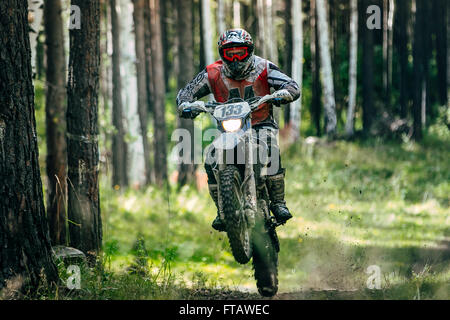 Enduro Racer è correre sulla ruota posteriore durante il 'Urali tazza di Enduro' Foto Stock