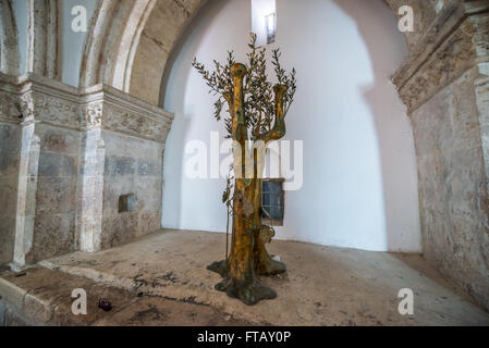 Albero di olivo scultura in Cenacolo - Cenacolo, detenute da un sito di ultima Cena sul monte Sion in Gerusalemme, Israele Foto Stock