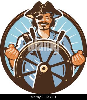 La nave dei pirati logo vettoriale. Jolly Roger, viaggio o icona corsair Illustrazione Vettoriale