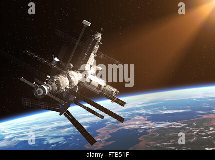 Stazione di spazio sotto i raggi del sole in scena 3D. Foto Stock