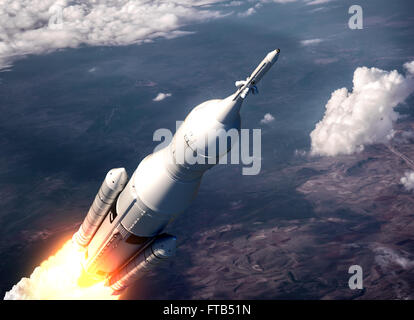 Lo spazio del sistema di lancio volare sopra le nuvole. Scena 3d. Foto Stock