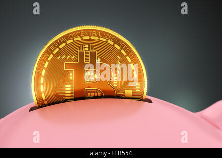 Mettere Bitcoin nel salvadanaio. Scena 3d. Foto Stock