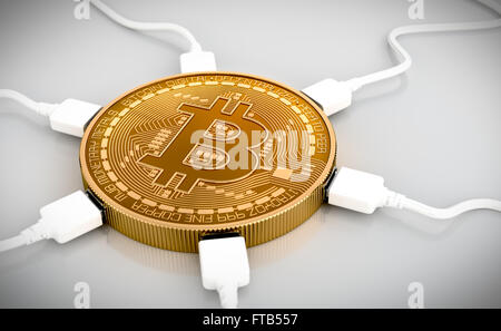 Cavi USB collegati al Bitcoin. Scena 3d. Foto Stock