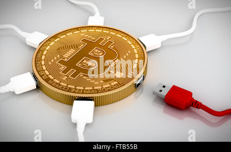 Rosso e bianco USB fili collegati al Bitcoin. Scena 3d. Foto Stock