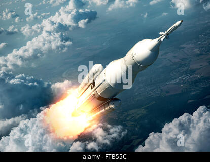 Lo spazio del sistema di lancio volare sopra le nuvole. Scena 3d. Foto Stock