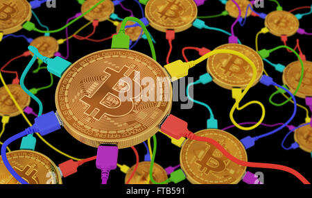 Bitcoins collegato alla rete neurale su sfondo nero Foto Stock