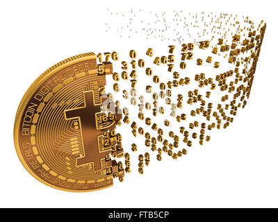 Bitcoin caduta oltre alle cifre su sfondo bianco. Modello 3D. Foto Stock