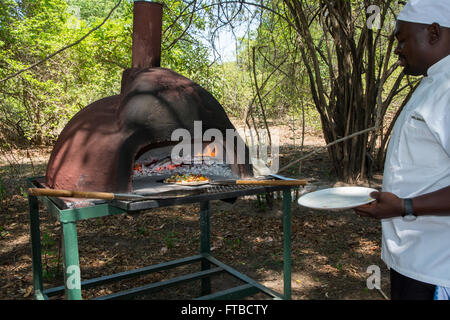 Africa, Zambia, Sud Luangwa National Park, vicino al Bushcamp Azienda Bilimungwe remoto camp. Pranzo nella boscaglia, pizze. Foto Stock