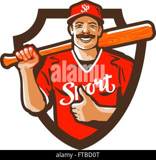 Giocatore di baseball logo vettoriale. campionato, campione o icona dello sport Illustrazione Vettoriale