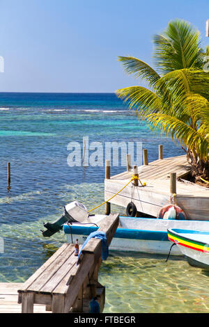 Costa Tropicale con barche colorate legata a un dock in legno con palme ondeggianti nel vento Foto Stock