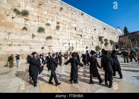 Gli ebrei ortodossi ballare davanti al Muro Occidentale (chiamato anche Kotel o Muro del Pianto), il quartiere ebraico, la Città Vecchia di Gerusalemme, Israele Foto Stock