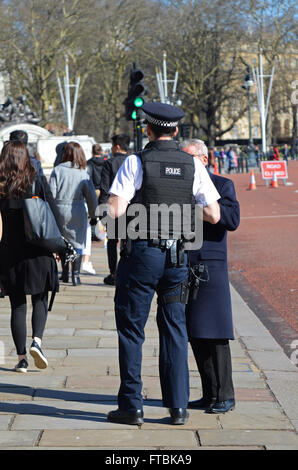 Il poliziotto armato di Londra con i turisti al di fuori del Palazzo di Buckingham Foto Stock