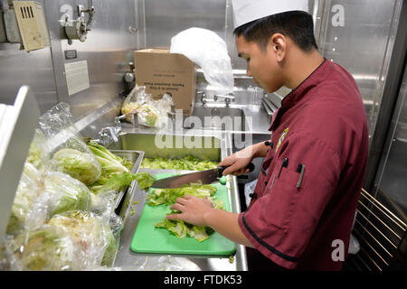 Lo specialista culinario Seaman recluta Mark Barrientos prepara il cibo a bordo della USS Ross (DDG 71), un cacciatorpediniere della classe Arleigh Burke, mentre la nave conduce pattuglie di routine nel Mar Mediterraneo il 6 gennaio 2016. La USS Ross fa parte della flotta della Marina militare statunitense, di stanza a Rota, in Spagna, a sostegno degli interessi di sicurezza nazionale in Europa. Foto Stock