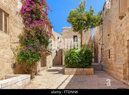 Stretta viuzza acciottolata tra le tipiche case del quartiere ebraico nella città vecchia di Gerusalemme, Israele. Foto Stock