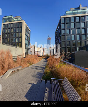 La sezione di Manhattan's High Line Park a piedi del percorso verso la batteria in autunno. Foto Stock