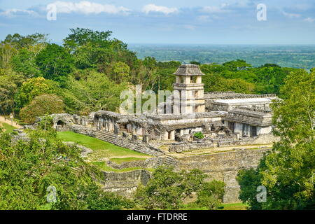 La rovina di Maya Palace, Palenque sito archeologico, Palenque, Chiapas, Messico