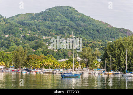Splendido yacht e barche nel porto di Port Victoria, Isola di Mahe, Seicelle Foto Stock