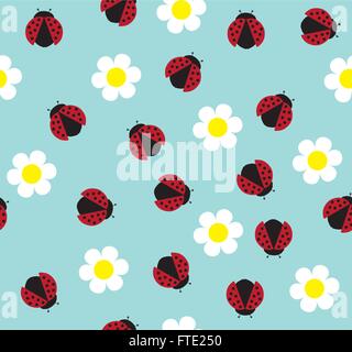 Illustrazione vettoriale di sfondo senza giunture con ladybugs e fiori Illustrazione Vettoriale