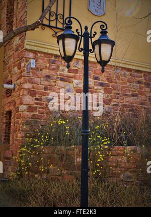 Bella lampada post un arancio un muro di mattoni di rubare il telaio ornamento parete gialla e fiori Foto Stock