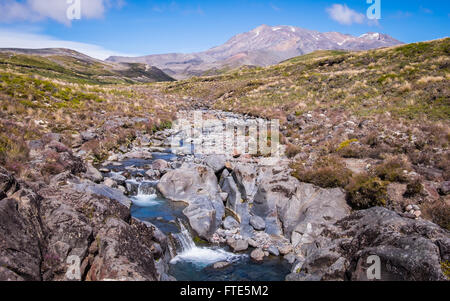 Mt Ruapehu e il circostante paesaggio del Parco Nazionale di Tongariro in Nuova Zelanda Foto Stock