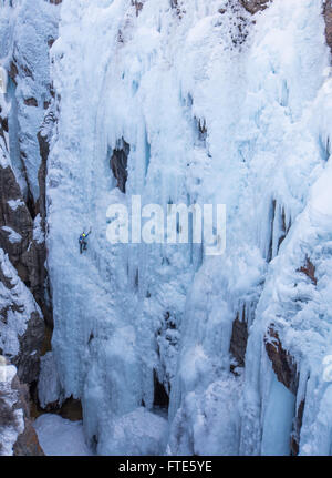 Ice Climber climbing un percorso chiamato Pick o' Vic che è classificato WI4 Ouray in Colorado Foto Stock
