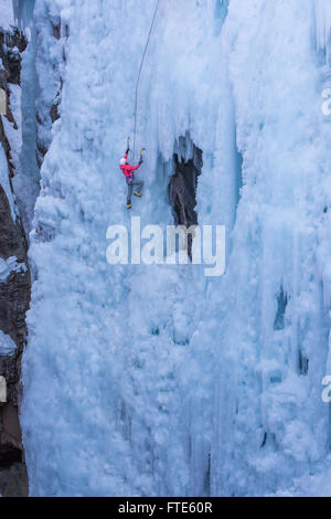 Ice Climber climbing un percorso chiamato Pick o' Vic che è classificato WI4 Ouray in Colorado Foto Stock