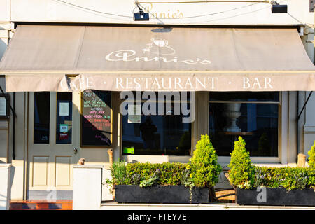 Barnes Village,cibo,bar,negozi,agenti immobiliari,Barnes Pond,verde,pub,tori testa Jazz Venue,fiume Thames, High Street, London, Regno Unito Foto Stock