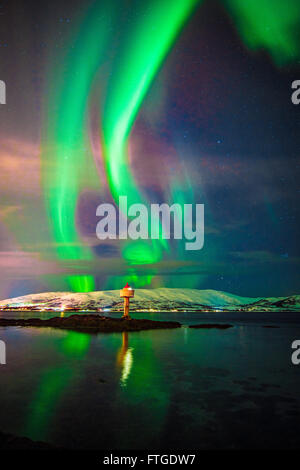 Aurora Boreale ballando sul fiordo, Tromso Norvegia settentrionale Foto Stock