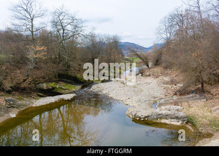 Parte del fiume secco nel bosco durante la primavera Foto Stock