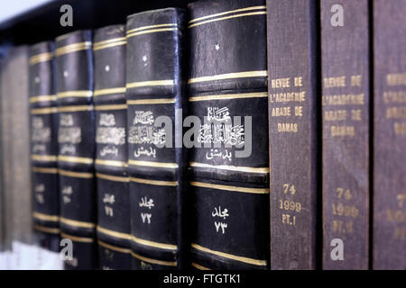 Libri in arabo nella sala lettura della Biblioteca Nazionale di Israele, nel campus Givat RAM dell'Università Ebraica di Gerusalemme, il 28 marzo 2016. La Biblioteca Nazionale d'Israele è la biblioteca dedicata alla raccolta dei tesori culturali di Israele e del patrimonio ebraico. La biblioteca contiene più di 5 milioni di libri, possiede le più grandi collezioni al mondo di Ebraica e Judaica, ed è il deposito di molti rari e unici manoscritti, libri e manufatti. Foto Stock