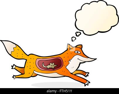 Cartoon fox con il mouse nel ventre con fumetto pensiero Illustrazione Vettoriale