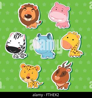 Graziosi animali adesivi con Lion, ippopotami, zebre, rinoceronti, giraffe, ghepardi e antilopi. Illustrazione Vettoriale
