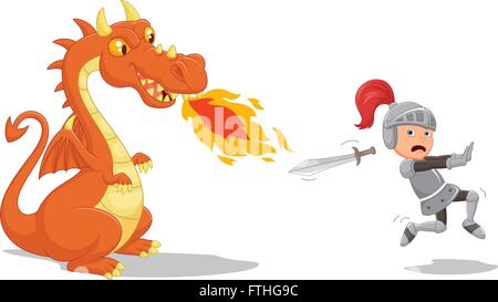 Cartoon di un cavaliere in esecuzione da una feroce dragon Illustrazione Vettoriale