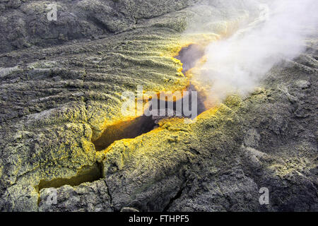 Lo zolfo il vapore sfugge da una fumarola ​which forma giallo-cristalli colorati intorno ai margini della spaccatura all'interno della PUU Oo cratere del vulcano Kilauea presso il Parco Nazionale dei Vulcani delle Hawaii Il 19 gennaio 2016 nelle Hawaii. Le fumarole sono bocche da cui i gas vulcanici fuoriescono nell'atmosfera. Foto Stock