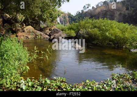 Da fiume Nhim in Vietnam con il fiume nei pressi di montagna e la foresta tropicale nella stagione secca con rock sul letto del fiume Foto Stock